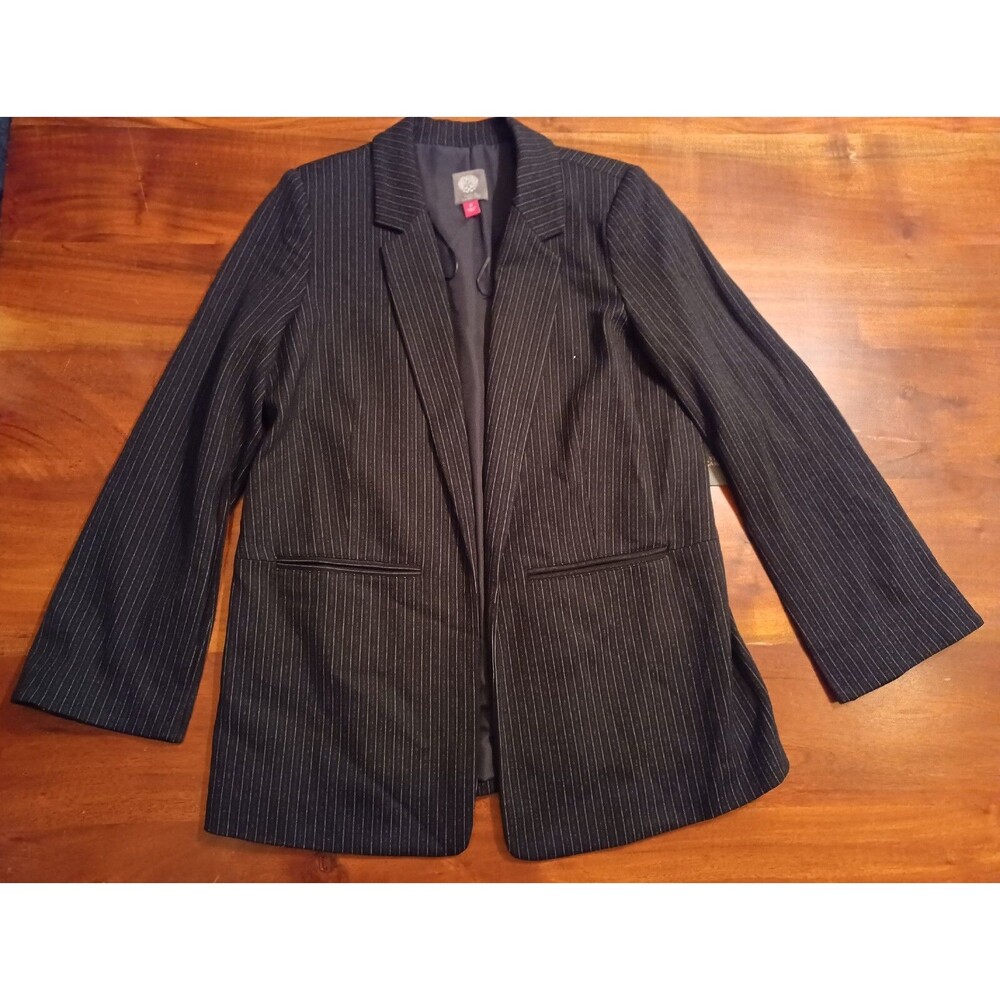 Vince Camuto Split Sleeve Pinstripe Open Front Blazer Jacket Black Size 10 NWT